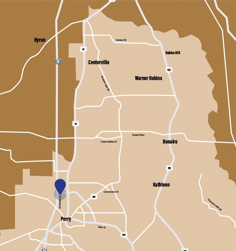 Map highlighting areas including Byron, Centerville, Warner Robins, Robins AFB, Bonaire, Kathleen, and Perry, with roadways and a marker in Perry.