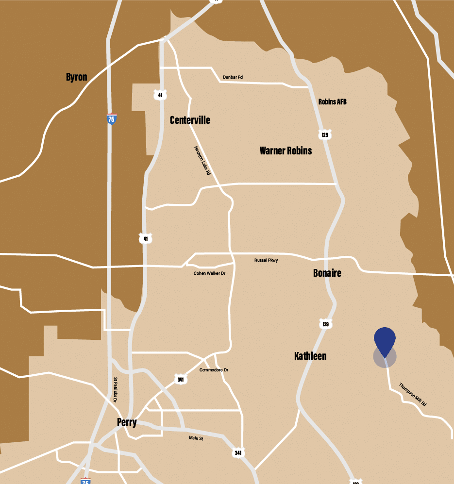 Map showing regions around Warner Robins, Georgia, including Centerville, Byron, Perry, Bonaire, and Kathleen. Major roads and highways are marked. A blue marker indicates a specific location near Bonaire.